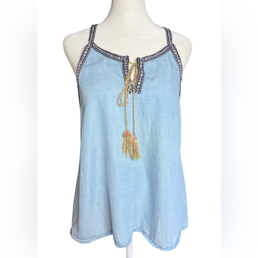 MIA MODA Bohochic Tasseled Tank Top Lyocell Blue Size M Aztec Trim Made in Italy